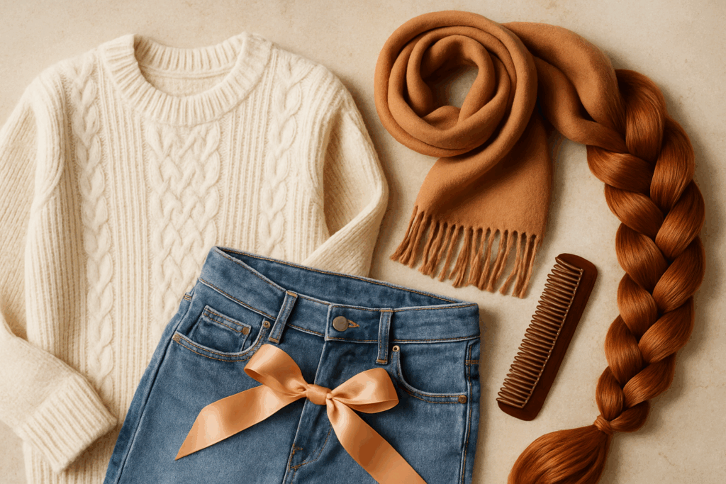 Cream knit, camel scarf, blue denim, peach ribbon, comb, and a copper braid arranged on a stone background.