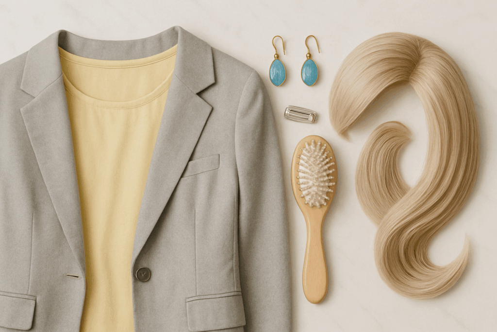 Pale yellow blouse, gray blazer, turquoise earrings, silver clip, brush, and a beige blonde hairpiece on a marble surface.