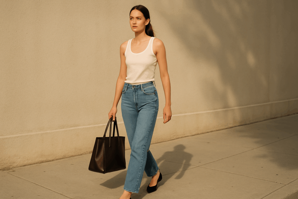 White tank top with straight-leg jeans, black ballet flats, and a dark leather tote.