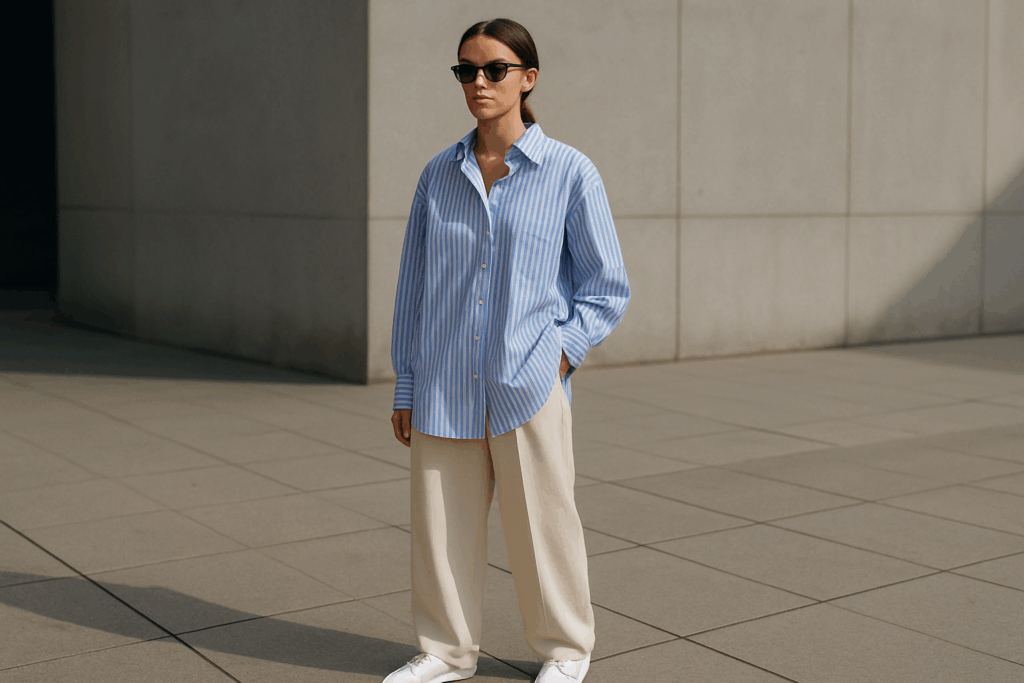 Striped poplin shirt with cream wide-leg trousers and white sneakers.