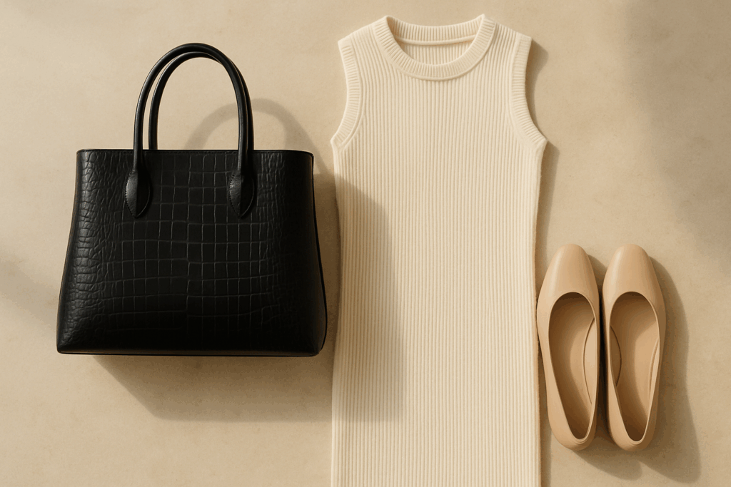 Black croc-effect tote beside a cream knit column dress and flat shoes.