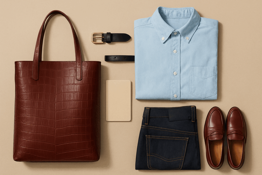 Oxblood croc-effect tote with blue shirt, dark denim, slim belt, notebook, and loafers.