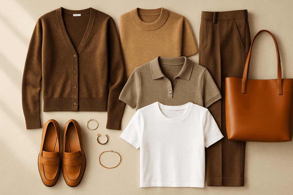Lightweight knit layers, trousers, loafers, and a tote arranged on a neutral surface