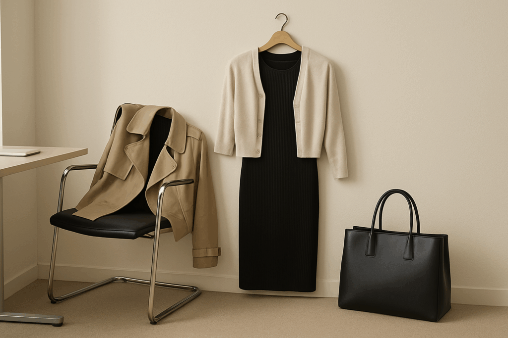 Black knit dress with a cardigan draped over the shoulders next to boots and a tote