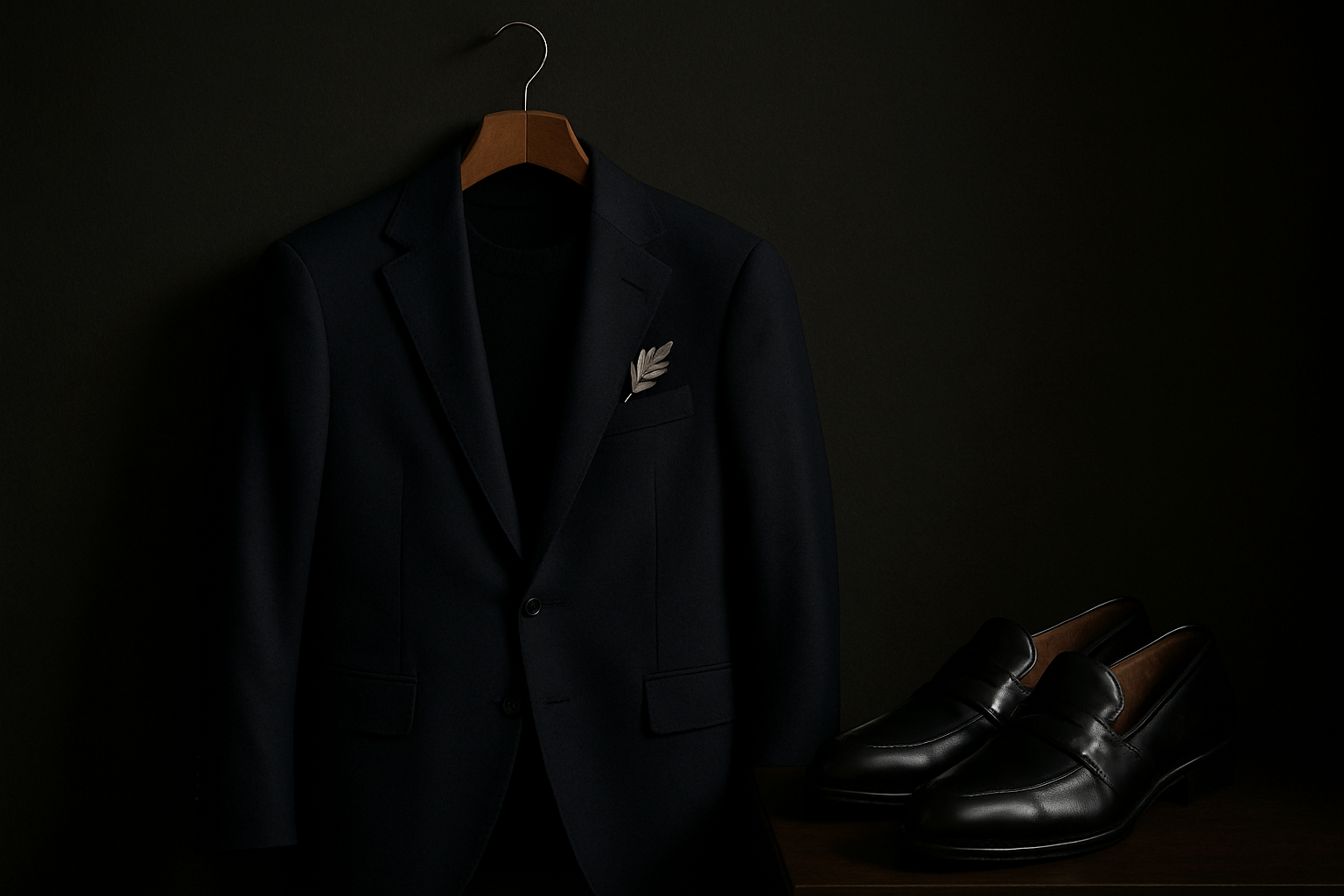 Dark suit with a black knit top, loafers, and a silver brooch