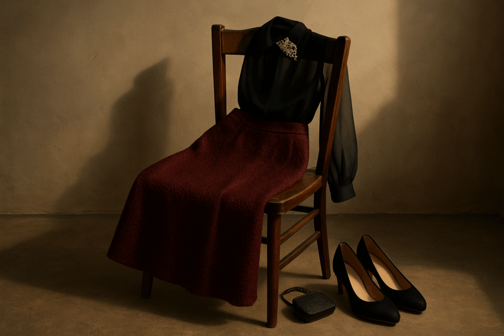 Oxblood skirt, black blouse, jeweled hair comb, heels, and a small evening bag beside a chair