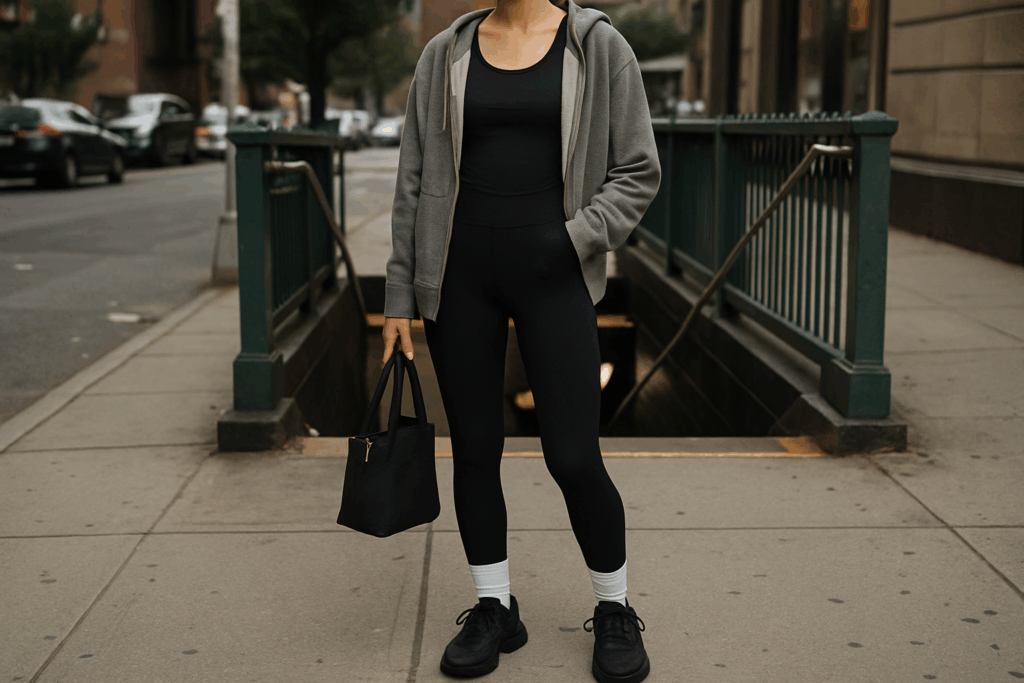 A person in black leggings, a black tank, a gray hoodie, white socks, and black sneakers carrying a small tote on a sidewalk.