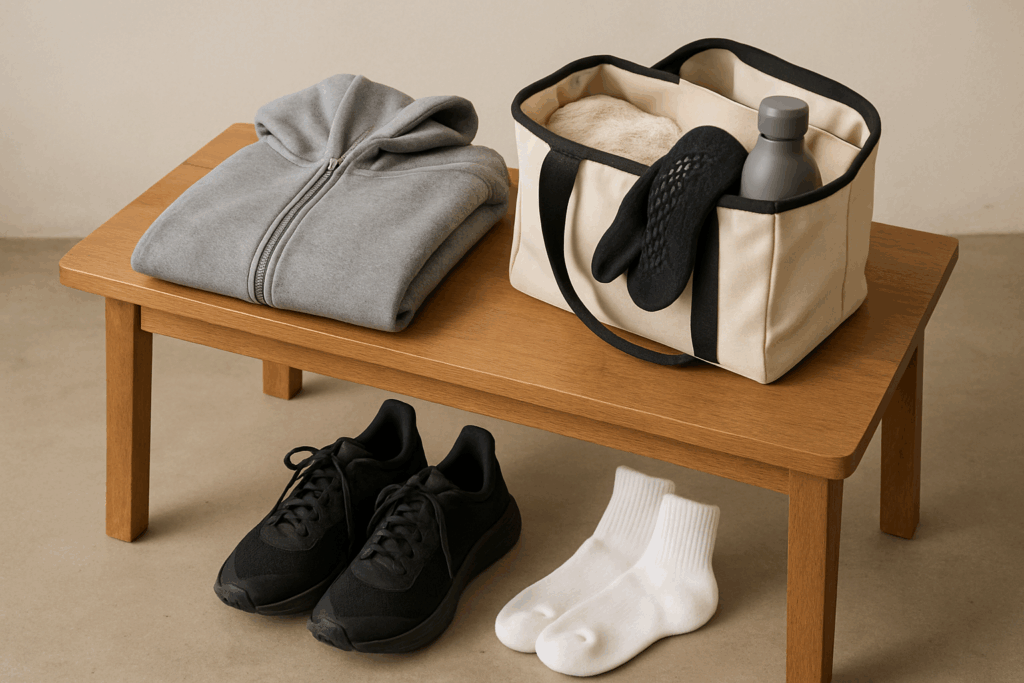A folded gray hoodie, a small tote with a towel, water bottle, and grip socks, plus black sneakers and white socks on a bench.