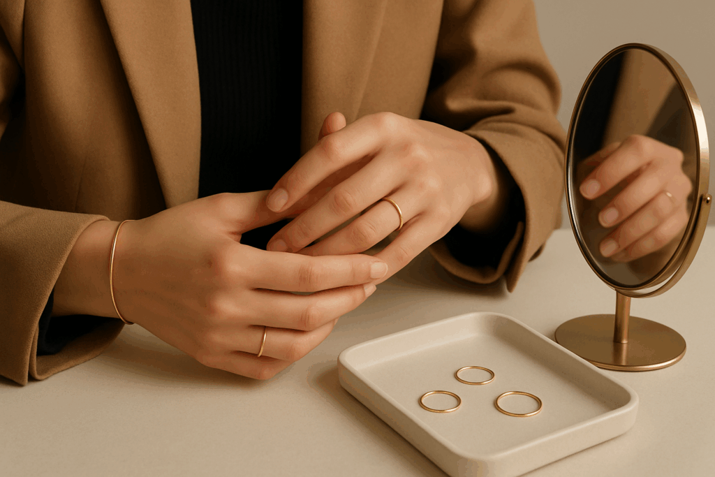 Hands trying on gold rings and a bracelet beside a mirror and jewelry tray.