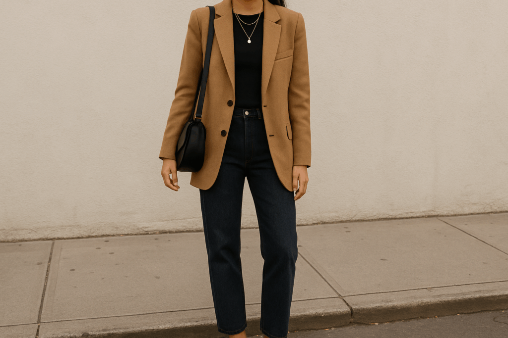 A person in a black tee, camel blazer, dark jeans, loafers, a crossbody, and layered necklaces on a sidewalk.