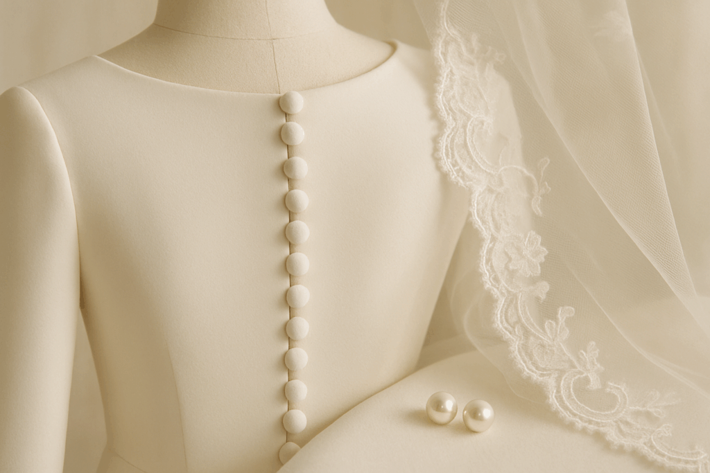 Ivory crepe bodice details, back buttons, lace veil edge, and pearl stud earrings