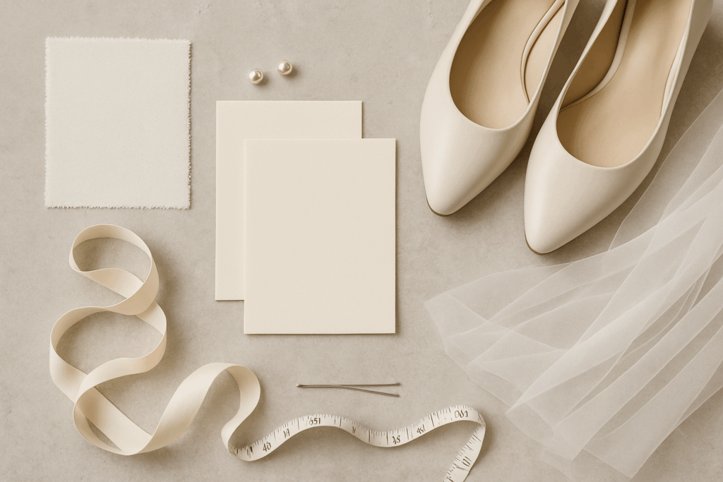 Bridal planning flat lay with ivory fabric, blank cards, pearl earrings, pumps, a veil, ribbon, tape measure, and hairpin