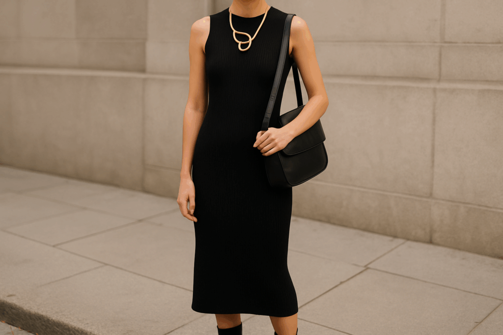 Black knit dress, ankle boots, medium black shoulder bag, statement gold necklace, and small stud earrings.