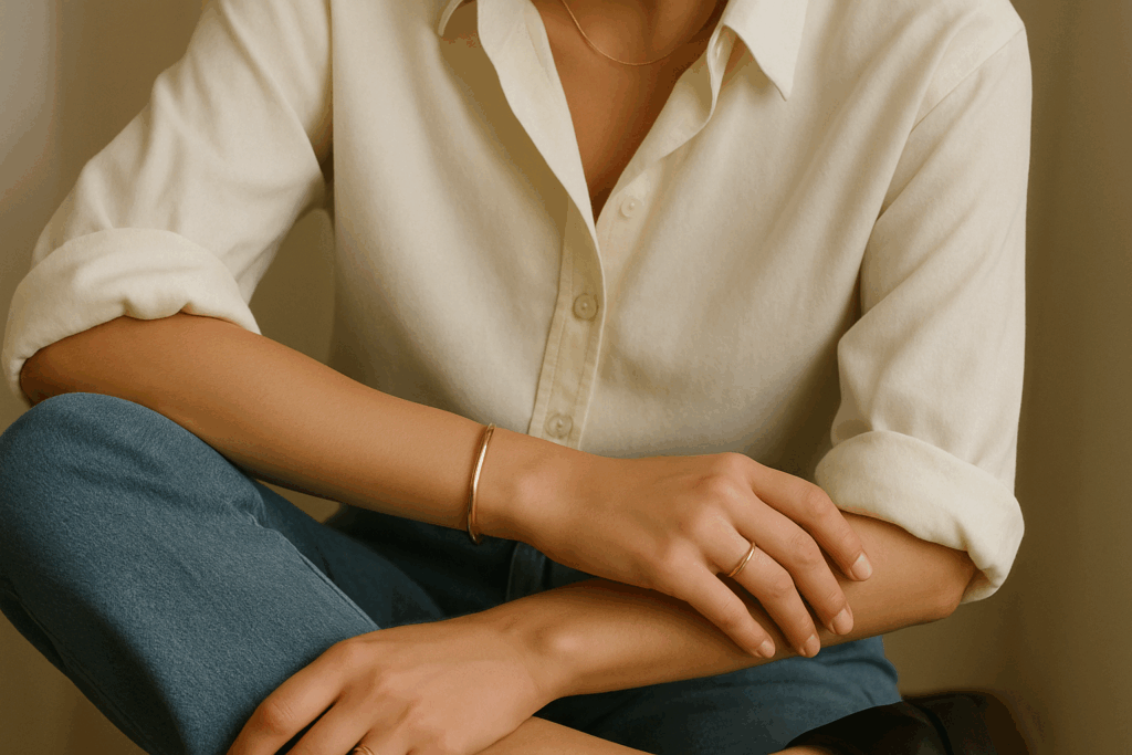 Ivory shirt, straight-leg jeans, black loafers, slim bracelet, two rings, and a fine necklace nearby.